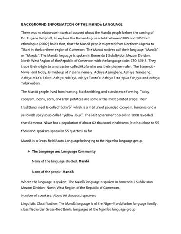 LINGUISTICS CLASSIFICATION AND LOCATION OF BAMENDA